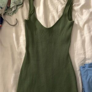 💚Beige Botany Green Ribbed Sweater Midi Dress